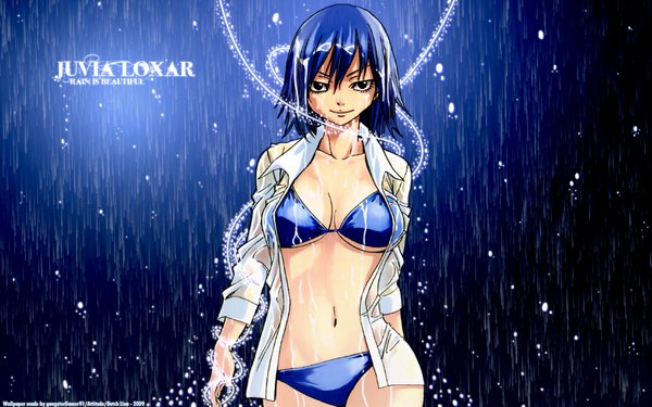 Anime picture 1920x1200 with fairy tail juvia lockser single fringe highres short hair breasts light erotic smile hair between eyes wide image large breasts standing signed blue hair cleavage black eyes bare belly wet open shirt