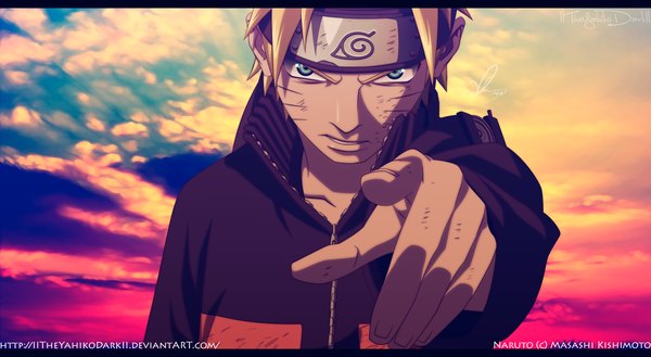 Anime picture 1203x660 with naruto studio pierrot naruto (series) uzumaki naruto iitheyahikodarkii single short hair blue eyes blonde hair wide image sky cloud (clouds) coloring facial mark letterboxed whisker markings pointing jinchuriki boy vest