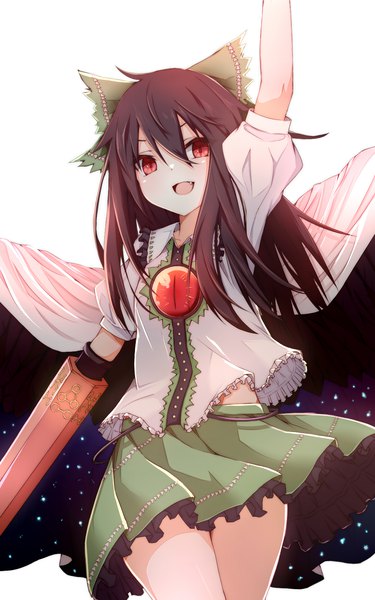 Anime picture 1000x1600 with touhou subterranean animism reiuji utsuho nankotsu single long hair tall image fringe open mouth black hair simple background hair between eyes red eyes white background :d arm up arm cannon girl skirt bow