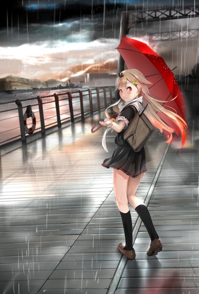 Anime picture 1086x1600 with kantai collection yuudachi destroyer sau single long hair tall image looking at viewer blush fringe blonde hair smile red eyes sky red hair pleated skirt looking back multicolored hair wet outstretched arm gradient hair