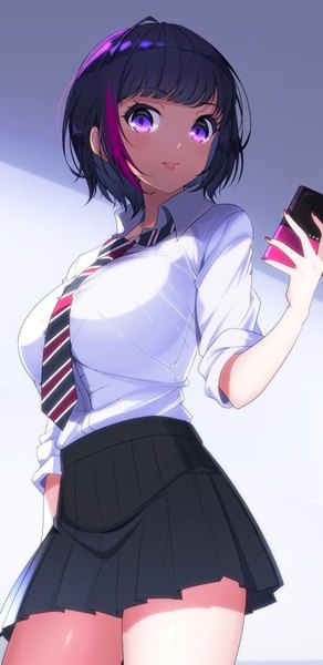 Anime picture 997x2048 with original nasubi (w.c.s) single tall image looking at viewer blush fringe short hair black hair standing purple eyes holding blunt bangs nail polish pleated skirt multicolored hair lips two-tone hair open collar twisty sleeves