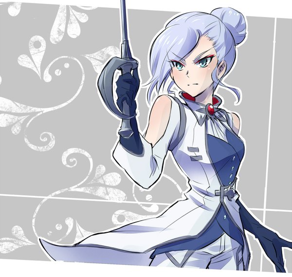 Anime picture 1500x1426 with rwby rooster teeth winter schnee iesupa single short hair blue eyes simple background holding looking away silver hair grey background hair bun (hair buns) serious outline girl gloves weapon sword black gloves