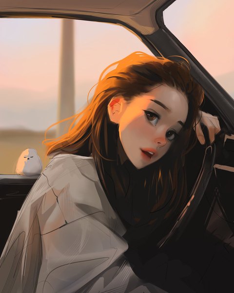 Anime picture 1080x1350 with original sam yang single long hair tall image looking at viewer open mouth brown hair holding brown eyes head tilt teeth lipstick turning head eyebrows red lipstick car interior girl animal bird (birds)