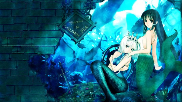 Anime picture 1920x1080 with tony taka long hair highres short hair breasts wide image green eyes white hair green hair underwater girl crown mermaid