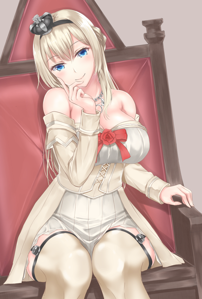 Anime picture 845x1244 with kantai collection warspite (kantai collection) primamiya single long hair tall image looking at viewer blush blue eyes blonde hair smile sitting girl thighhighs dress detached sleeves white thighhighs white dress crown mini crown