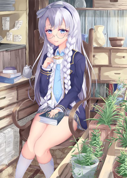 Anime picture 900x1260 with azur lane edinburgh (azur lane) edinburgh (fairy of the library) (azur lane) shiro usagi single long hair tall image looking at viewer blush fringe blue eyes sitting holding silver hair bent knee (knees) indoors braid (braids) light smile twin braids plaid skirt