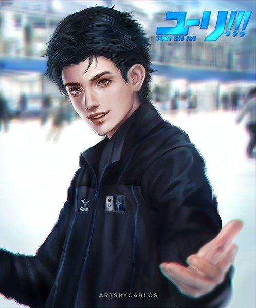 Anime picture 1599x1928 with yuri!!! on ice mappa katsuki yuuri carlos miguel tall image looking at viewer short hair open mouth black hair smile brown eyes signed upper body indoors blurry realistic depth of field copyright name solo focus outstretched hand