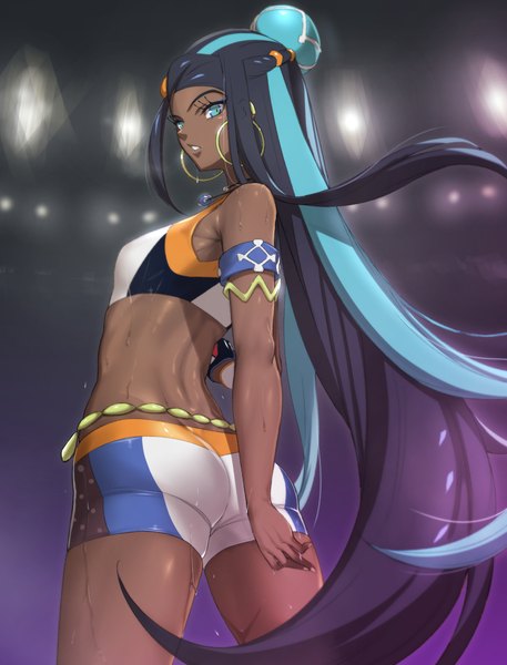 Anime picture 839x1101 with pokemon pokemon (game) pokemon swsh nintendo nessa (pokemon) eba uenihane single tall image looking at viewer light erotic black hair standing bare shoulders ass very long hair parted lips looking back multicolored hair aqua eyes from behind