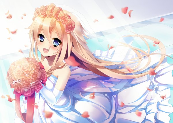 Anime picture 1019x724 with vocaloid ia (vocaloid) amamine single long hair blush open mouth blue eyes smile brown hair bare shoulders hair flower sunlight girl dress gloves hair ornament flower (flowers) petals elbow gloves