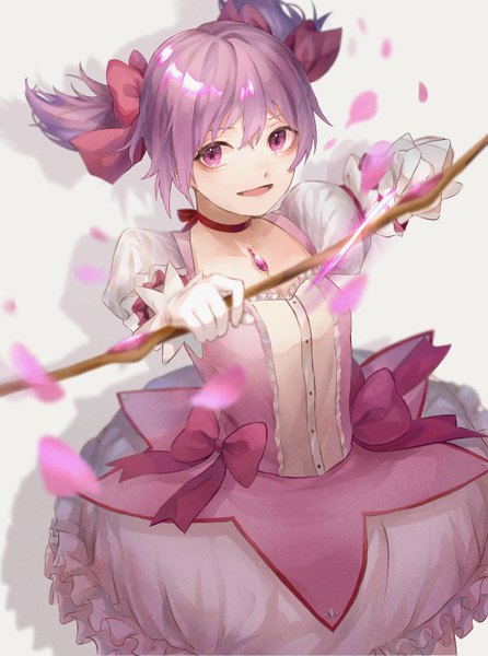 Anime picture 653x878 with mahou shoujo madoka magica shaft (studio) kaname madoka yoruirooo777 single tall image looking at viewer fringe short hair open mouth hair between eyes twintails pink hair :d pink eyes magical girl archery girl dress gloves