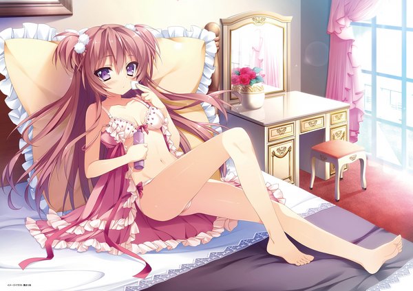 Anime picture 2893x2048 with shukufuku no kane no oto wa ootori maria anapom single long hair looking at viewer highres light erotic brown hair purple eyes scan bare legs girl underwear panties lingerie bra pillow bed nightie