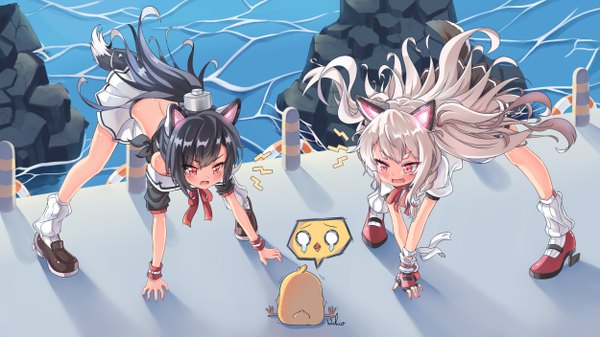Anime picture 5000x2812 with azur lane manjuu (azur lane) yuudachi (azur lane) shigure (azur lane) wuhuo long hair blush fringe highres open mouth black hair hair between eyes red eyes wide image multiple girls signed animal ears absurdres silver hair ponytail