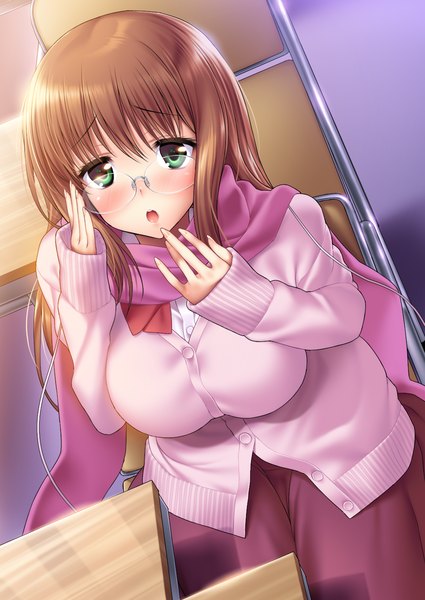 Anime picture 1031x1457 with saki matsumi yuu suzume inui single long hair tall image blush breasts open mouth brown hair large breasts green eyes girl glasses scarf sweater
