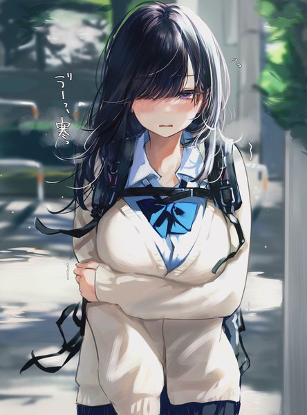 Anime picture 1455x1965 with original tokujo-chan nekomugiharu single long hair tall image looking at viewer blush fringe breasts black hair large breasts standing purple eyes outdoors blunt bangs parted lips pleated skirt one eye closed wind