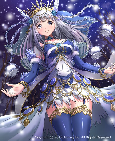 Anime picture 800x980 with original chaki-yam single long hair tall image looking at viewer breasts blue eyes light erotic smile silver hair outdoors night from below night sky fur trim snowing snow girl thighhighs