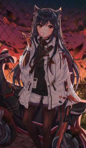 Anime picture 3500x6000 with arknights texas (arknights) texas (winter messenger) (arknights) wine (2148 wine) single long hair tall image looking at viewer blush fringe highres open mouth black hair hair between eyes red eyes standing animal ears payot absurdres sky