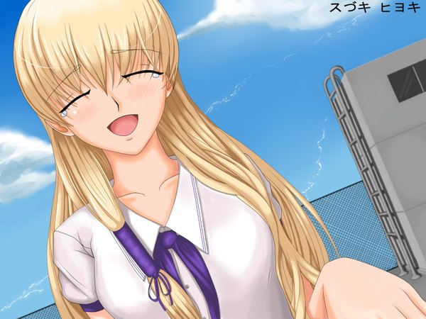 Anime picture 1600x1200 with original suzuki hieki (artist) single long hair blush open mouth blonde hair cloud (clouds) eyes closed tears girl