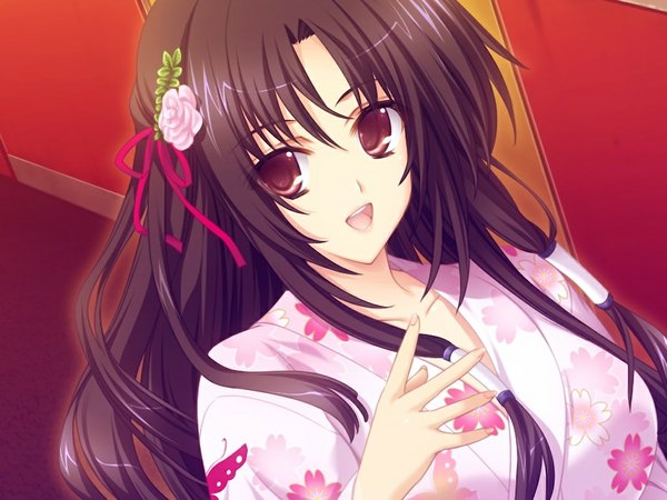Anime picture 1024x768 with shiden enkan no kizuna (game) long hair black hair brown eyes game cg japanese clothes girl kimono