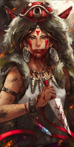 Anime picture 726x1436 with mononoke hime studio ghibli san soffa single tall image looking at viewer short hair brown hair brown eyes sleeveless facial mark blood on face mask on head girl weapon earrings bracelet fur blood