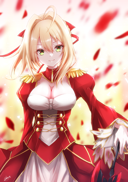 Anime picture 2480x3508 with fate (series) fate/extra nero claudius (fate) (all) nero claudius (fate) yanagiba sakana single tall image looking at viewer fringe highres short hair breasts light erotic blonde hair smile hair between eyes large breasts green eyes cleavage ahoge