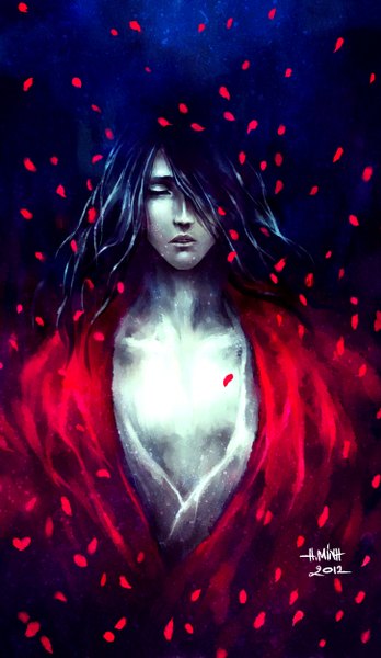 Anime picture 1452x2500 with bleach studio pierrot kuchiki byakuya nanfe single long hair tall image fringe black hair signed eyes closed hair over one eye boy petals yukata