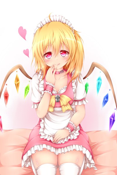 Anime picture 2000x3000 with touhou flandre scarlet meragold single tall image looking at viewer blush highres short hair blonde hair red eyes maid :p girl thighhighs white thighhighs wings frills headdress maid headdress