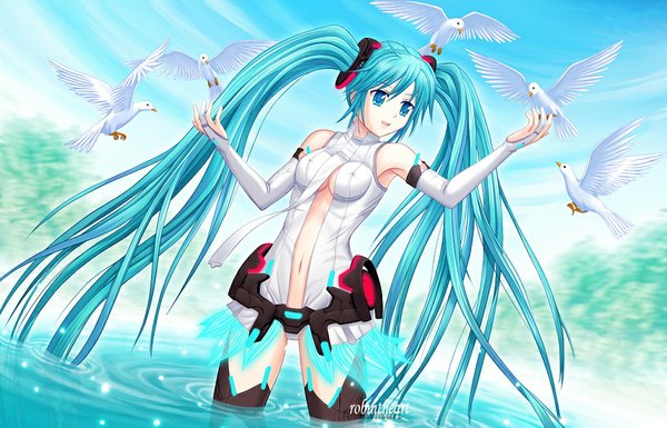 Anime picture 1024x658 with vocaloid vocaloid append hatsune miku hatsune miku (append) shin arc single long hair blue eyes light erotic twintails bare shoulders aqua hair girl animal water bird (birds) seagull