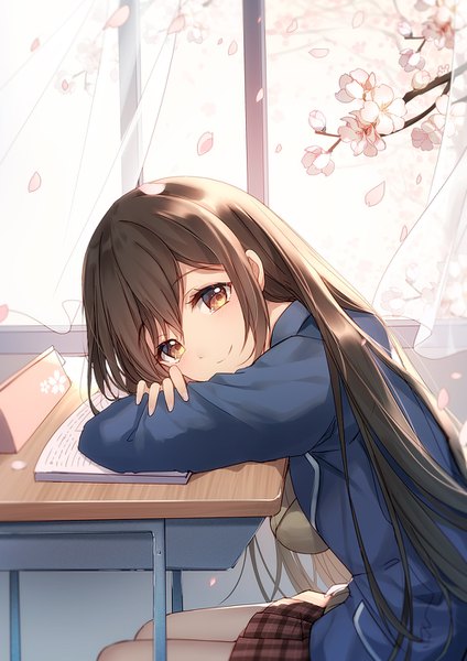 Anime picture 1000x1414 with warship girls r bison cangshu single long hair tall image looking at viewer blush fringe hair between eyes brown hair sitting brown eyes indoors pleated skirt open clothes cherry blossoms plaid skirt girl skirt uniform