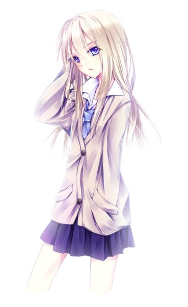 Anime picture 1000x1625 with original kawasaki toiro single long hair tall image looking at viewer blue eyes simple background white background white hair girl skirt uniform school uniform