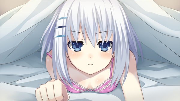 Anime picture 1280x720 with date a live tobiichi origami looking at viewer blush fringe short hair blue eyes light erotic wide image game cg white hair girl hair ornament bobby pin