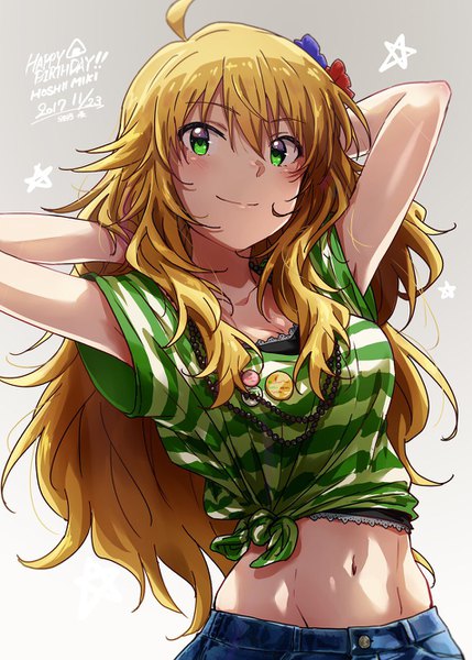 Anime picture 954x1334 with idolmaster idolmaster (classic) hoshii miki ayano yuu (sonma 1426) single long hair tall image fringe blonde hair smile hair between eyes green eyes upper body ahoge midriff character names gradient background dated arms behind head happy birthday