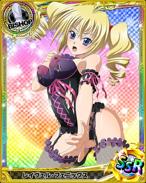 Anime picture 640x800 with highschool dxd ravel phenex single long hair tall image looking at viewer blush breasts open mouth blue eyes light erotic blonde hair twintails torn clothes drill hair card (medium) girl thighhighs underwear panties