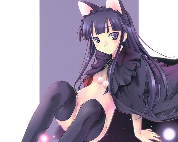 Anime picture 1280x1024 with tsukuyomi moon phase hazuki light erotic animal ears cat girl girl thighhighs cloak