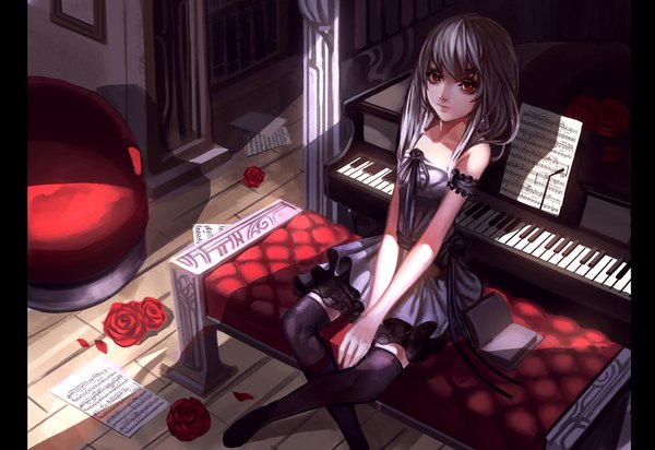 Anime picture 2000x1374 with original baka (mh6516620) single long hair looking at viewer highres red eyes sitting grey hair girl dress flower (flowers) petals rose (roses) musical instrument piano
