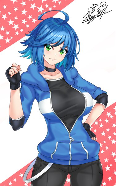 Anime picture 2400x3826 with original nez-kun (nezkunn) single tall image looking at viewer blush fringe highres short hair breasts simple background large breasts standing green eyes signed blue hair ahoge arm up hand on hip unzipped
