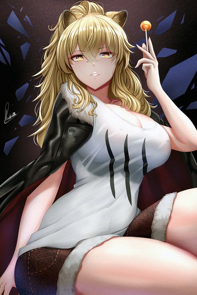 Anime picture 1000x1500 with arknights siege (arknights) piukute062 single long hair tall image looking at viewer fringe breasts light erotic blonde hair hair between eyes large breasts sitting holding signed animal ears yellow eyes cleavage parted lips