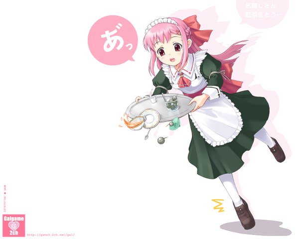 Anime picture 1280x1024 with galge-tan single long hair blush open mouth simple background red eyes white background pink hair maid half updo falling tripping girl bow hair bow apron bonnet cup speech bubble