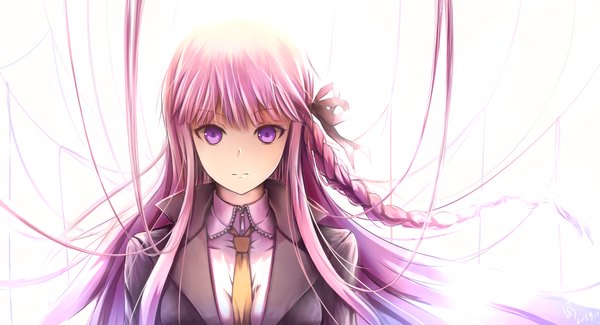 Anime picture 1024x556 with dangan ronpa kirigiri kyouko zeroxjoker single long hair looking at viewer simple background wide image white background purple eyes purple hair girl ribbon (ribbons) hair ribbon necktie