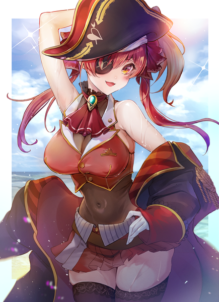 Anime picture 2176x3000 with virtual youtuber hololive houshou marine houshou marine (1st costume) luna nyann single long hair tall image highres open mouth light erotic twintails yellow eyes looking away sky cloud (clouds) red hair :d pleated skirt midriff