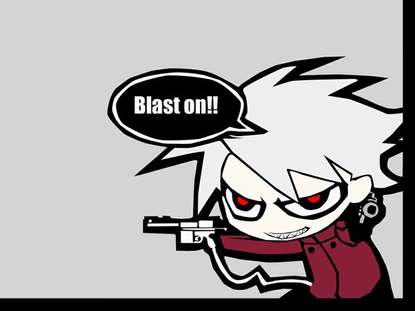 Anime picture 1024x768 with dogs: bullets & carnage david production haine rammsteiner single short hair simple background red eyes grey hair inscription teeth grin chibi sharp teeth evil grin boy weapon gun