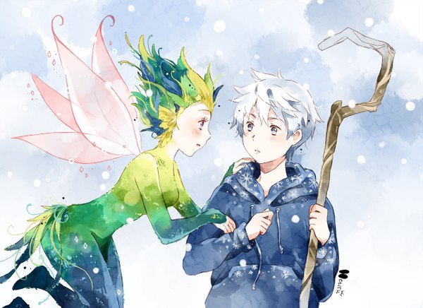 Anime picture 1280x931 with rise of the guardians dreamworks jack frost (rise of the guardians) toothiana hetiru blush short hair breasts open mouth holding silver hair profile grey eyes snowing eyebrows flying eye contact surprised snowflake print girl