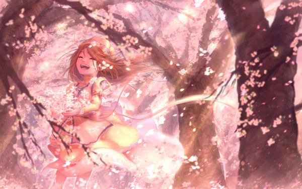 Anime picture 1920x1200 with original cyasha single long hair fringe highres open mouth smile brown hair standing outdoors eyes closed wind sunlight cherry blossoms ^ ^ sunbeam ^o^ spring girl