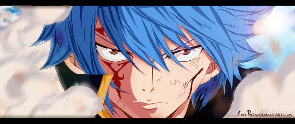 Anime picture 1500x633 with fairy tail jellal fernandes edo-reem single short hair wide image brown eyes blue hair sky cloud (clouds) sunlight tattoo coloring facial mark letterboxed close-up smoke face boy blood