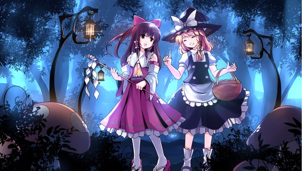 Anime picture 2205x1254 with touhou hakurei reimu kirisame marisa risutaru long hair highres blonde hair smile brown hair wide image multiple girls brown eyes braid (braids) eyes closed grin side braid nature girl skirt bow