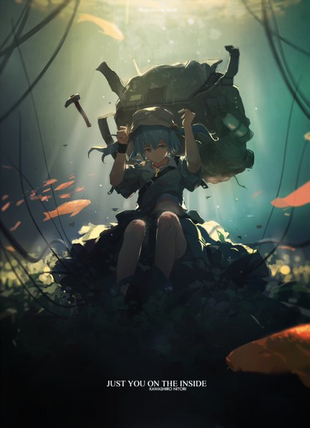 Anime picture 1100x1520 with touhou kawashiro nitori mivit single tall image looking at viewer fringe short hair blue eyes hair between eyes sitting blue hair bent knee (knees) aqua eyes sunlight blurry aqua hair arms up shadow short sleeves