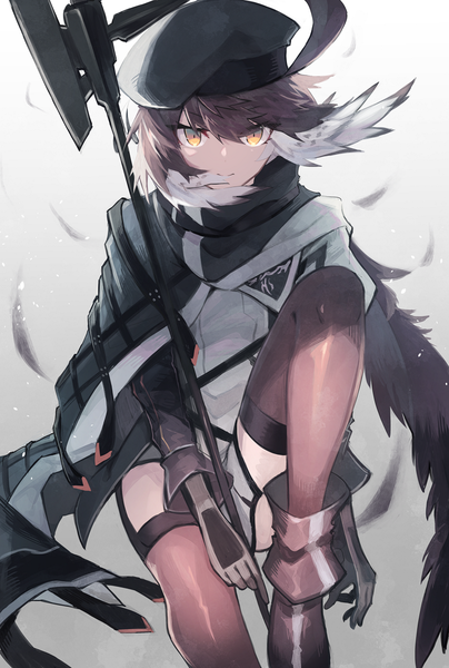 Anime picture 775x1150 with arknights plume (arknights) sasa onigiri single tall image looking at viewer fringe short hair hair between eyes brown hair sitting yellow eyes multicolored hair wind grey background two-tone hair single wing girl thighhighs weapon