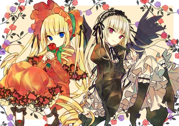 Anime picture 2000x1416 with rozen maiden suigintou shinku hanabana tsubomi long hair highres blue eyes blonde hair purple eyes very long hair grey hair drill hair lolita fashion goth-loli dress hair ornament flower (flowers) ribbon (ribbons) wings boots