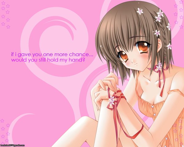 Anime picture 1280x1024 with blush short hair brown hair orange eyes girl dress ribbon (ribbons)
