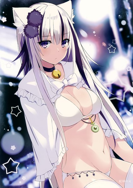 Anime picture 2486x3525 with melonbooks kurebayashi noe single long hair tall image looking at viewer blush fringe highres breasts light erotic hair between eyes large breasts sitting purple eyes signed animal ears payot cleavage silver hair