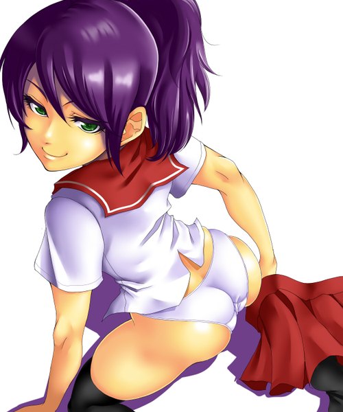 Anime picture 2500x3000 with original pleasure-treasure single tall image highres short hair light erotic simple background smile white background green eyes purple hair ass ponytail looking back shadow skirt pull girl thighhighs uniform